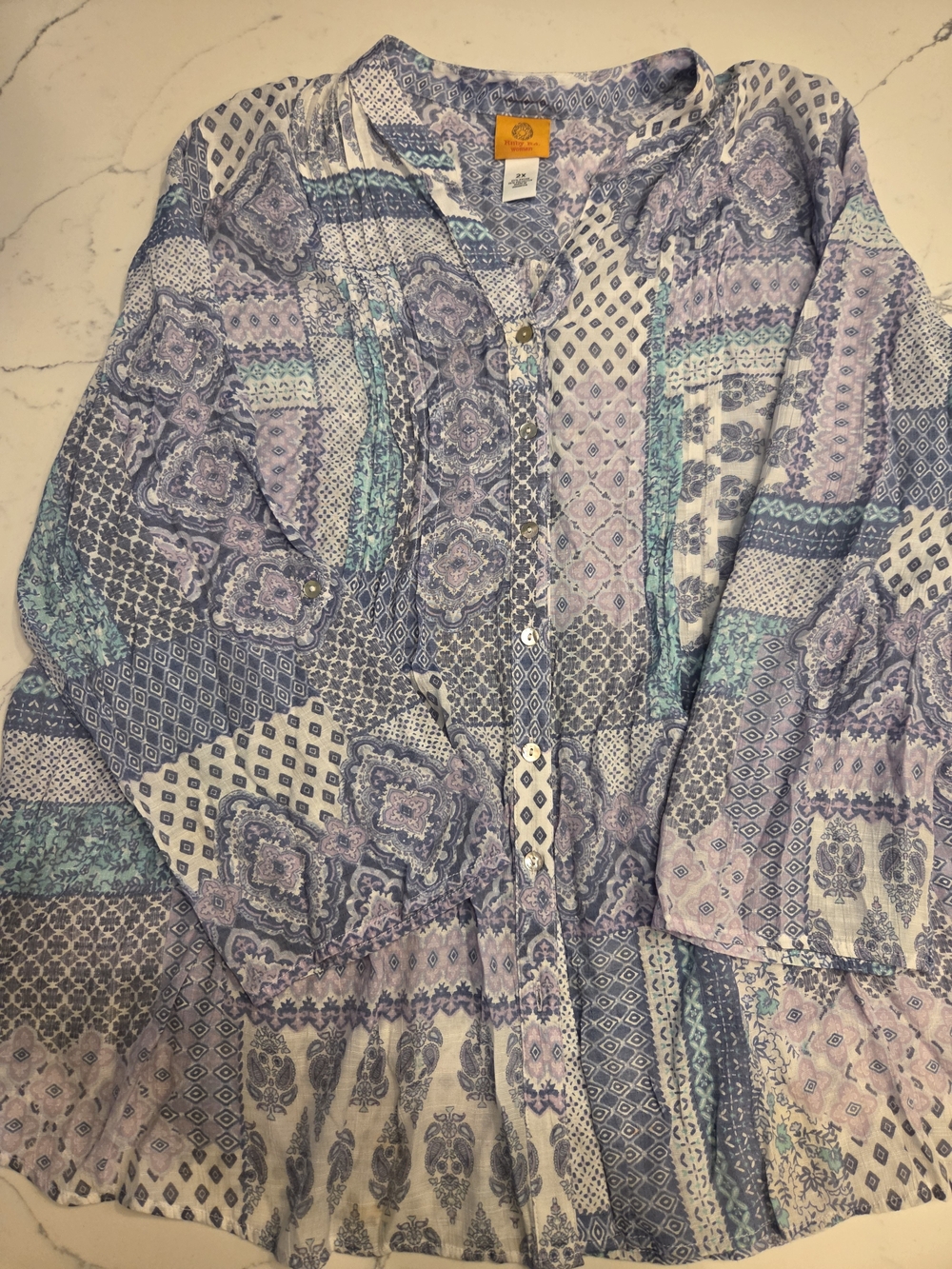 Ruby Rd. Patchwork Print Button-Front Tunic - Lavender, Blue & Mint
